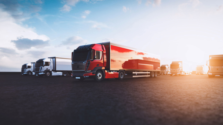 Sustainable Trucks lined Up with sunset in the background